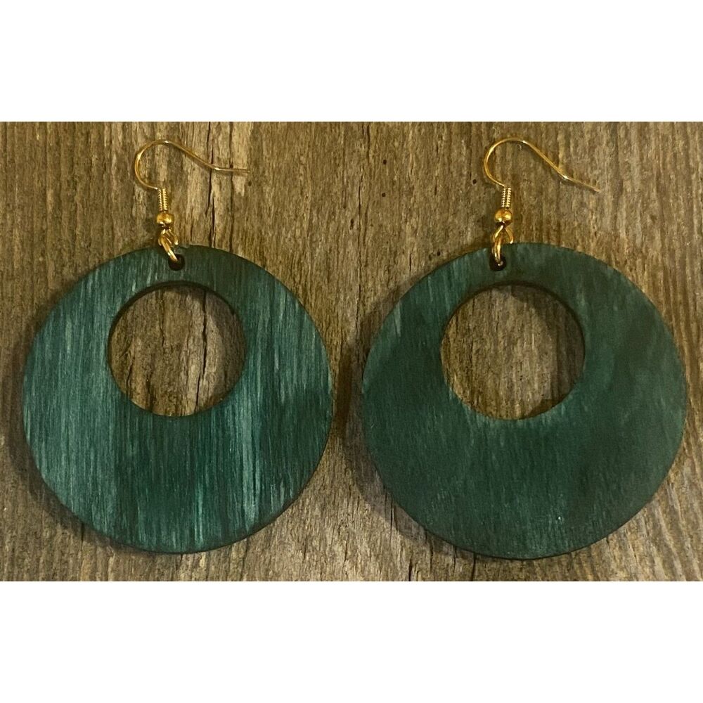 Wood Earrings - 2" x 2" Offset Circle - Jade Dye - E003-D1